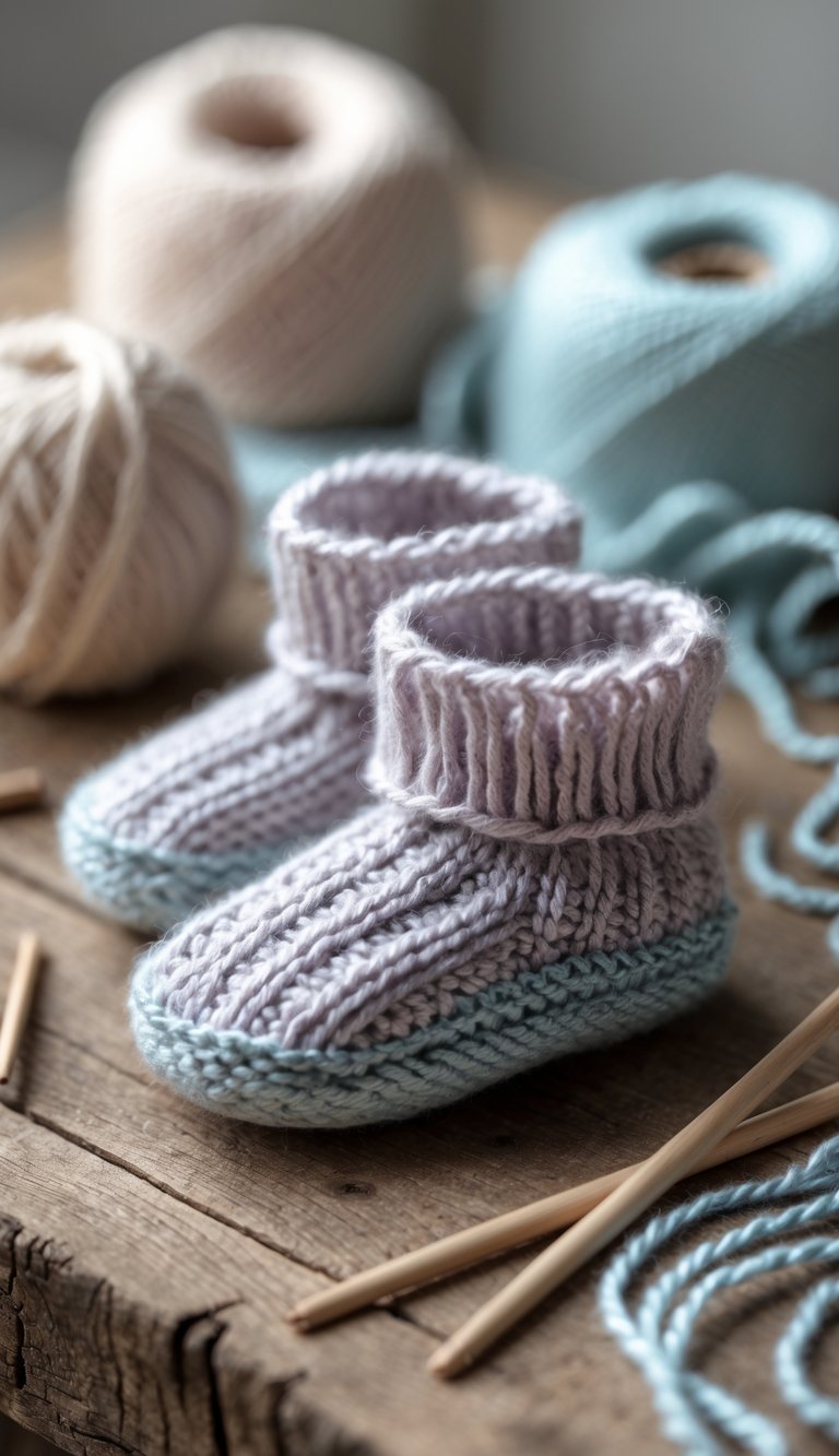 A pair of small knitted baby booties on a wooden surface with yarn and knitting needles nearby.