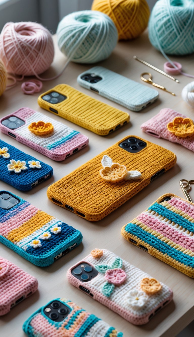 A collection of colorful crochet phone cases displayed on a wooden surface with yarn and crochet tools nearby.
