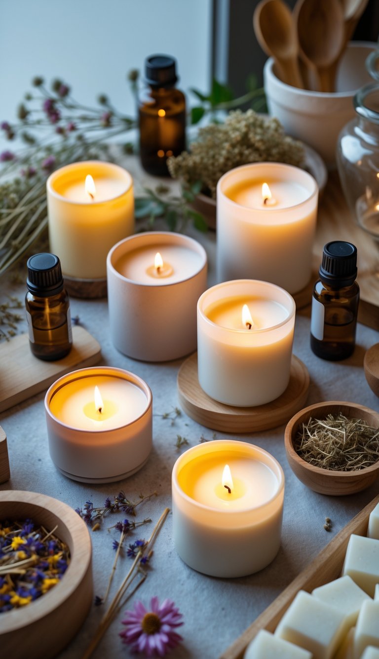 A workspace with handmade scented soy candles, dried flowers, essential oils, and candle-making tools arranged neatly on a wooden surface.