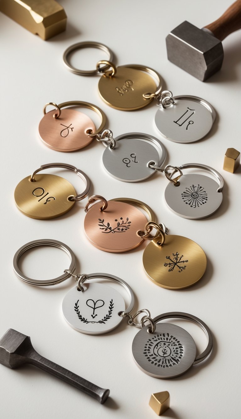 A collection of stamped metal keychains with simple designs arranged on a neutral surface alongside small metal stamping tools.