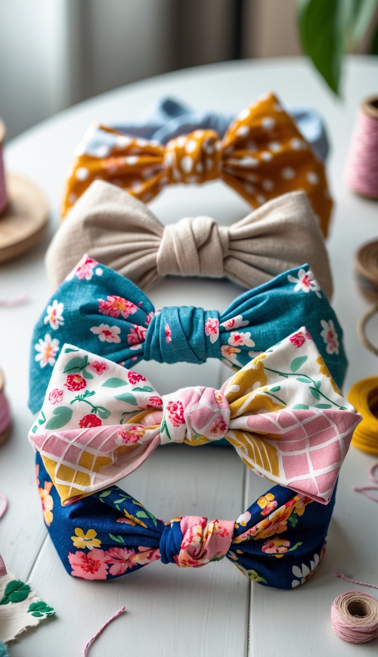A collection of colorful fabric headbands with bows arranged on a wooden surface with crafting materials nearby.