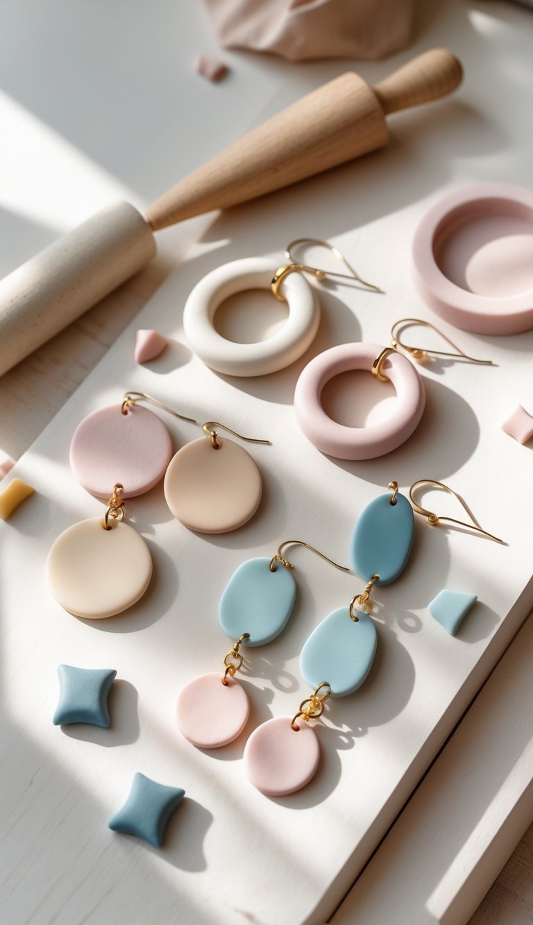 Close-up of handmade polymer clay earrings displayed on a wooden surface with crafting tools nearby.