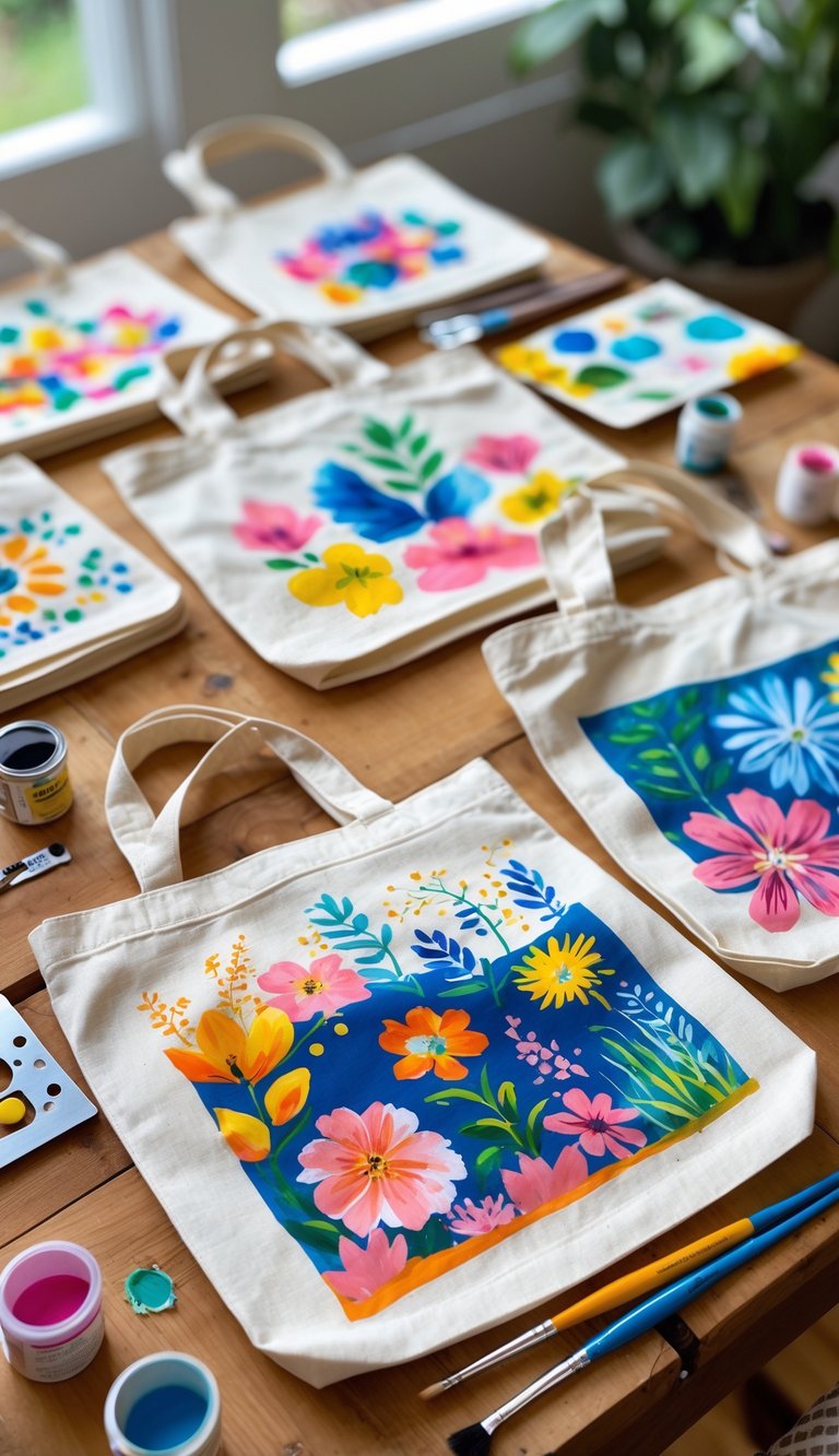 A collection of colorful custom painted tote bags displayed on a wooden table with paintbrushes and paint pots nearby.