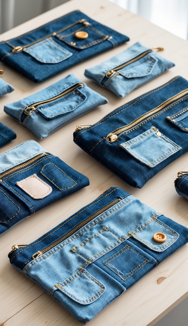 A collection of denim pouches made from repurposed fabric arranged on a wooden surface.