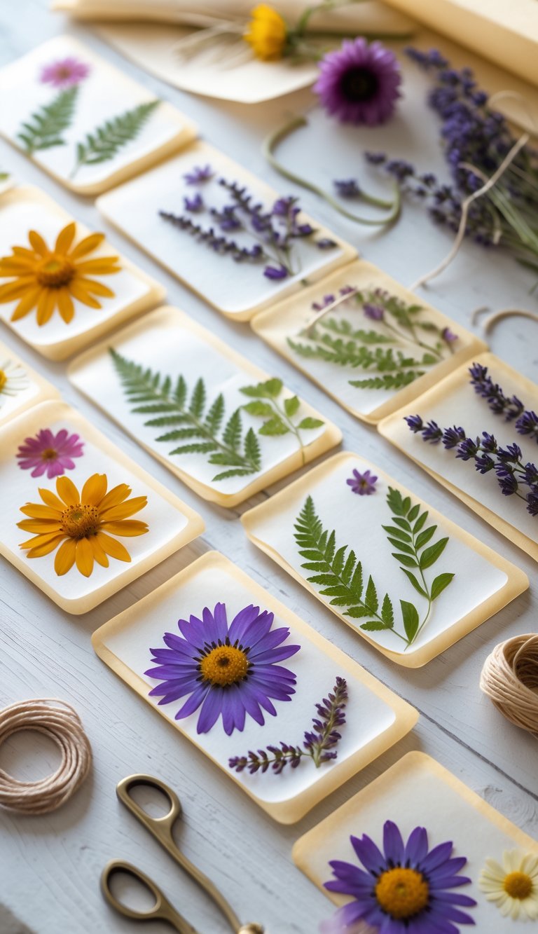 A collection of pressed flower bookmarks arranged on a wooden surface with crafting materials like dried flowers and scissors nearby.