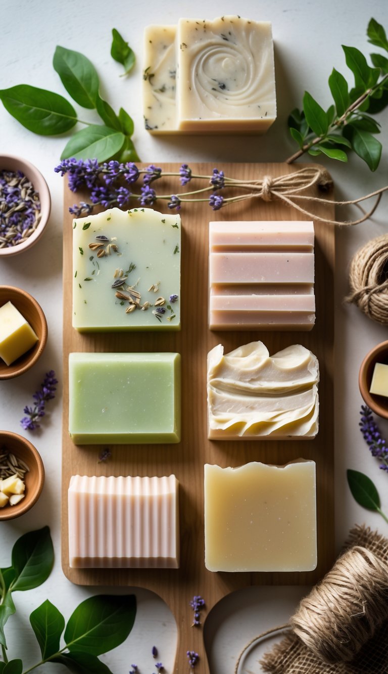 An arrangement of handcrafted soap bars with natural ingredients and decorative herbs on a wooden surface.