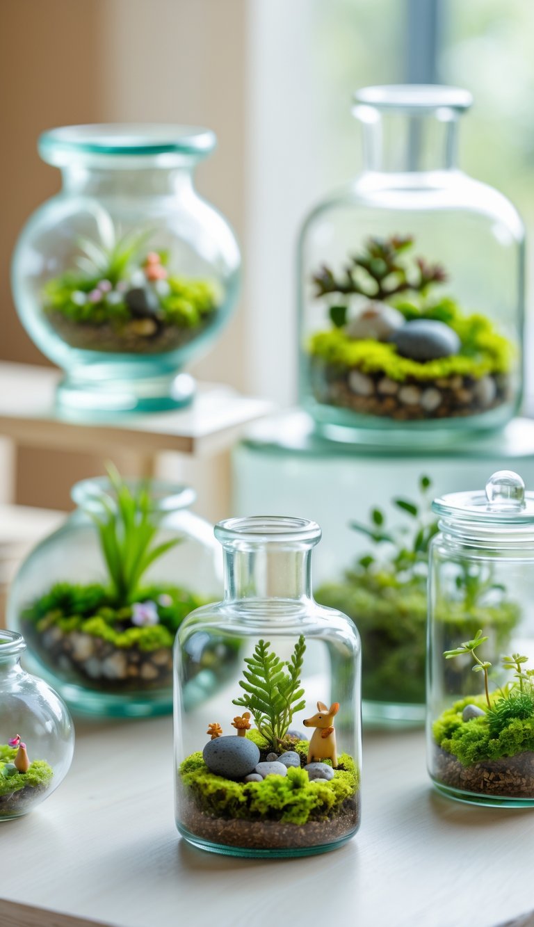 Several miniature terrariums with plants and decorations inside clear glass jars arranged on a wooden surface.