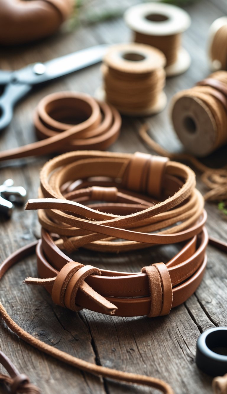 Close-up of handmade leather cord wraps arranged on a wooden surface with crafting tools nearby.
