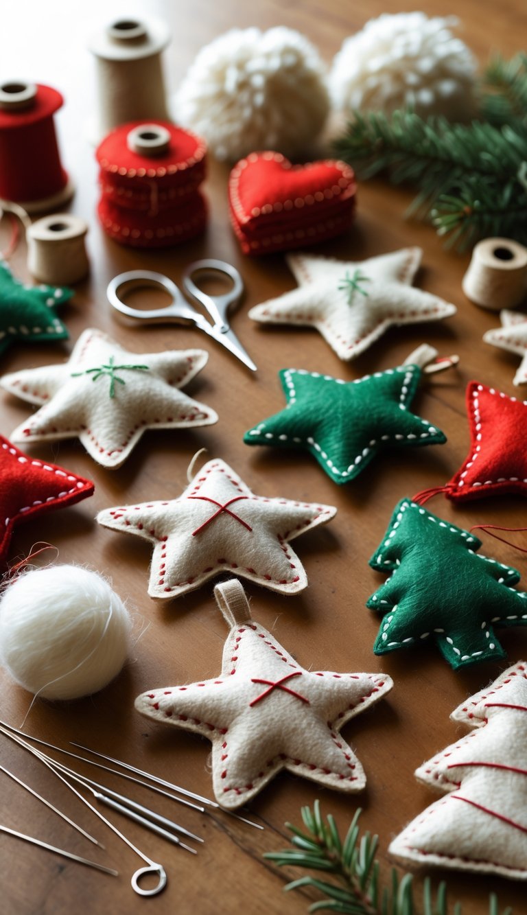 Close-up of hand-stitched felt ornaments and crafting tools arranged on a wooden table.