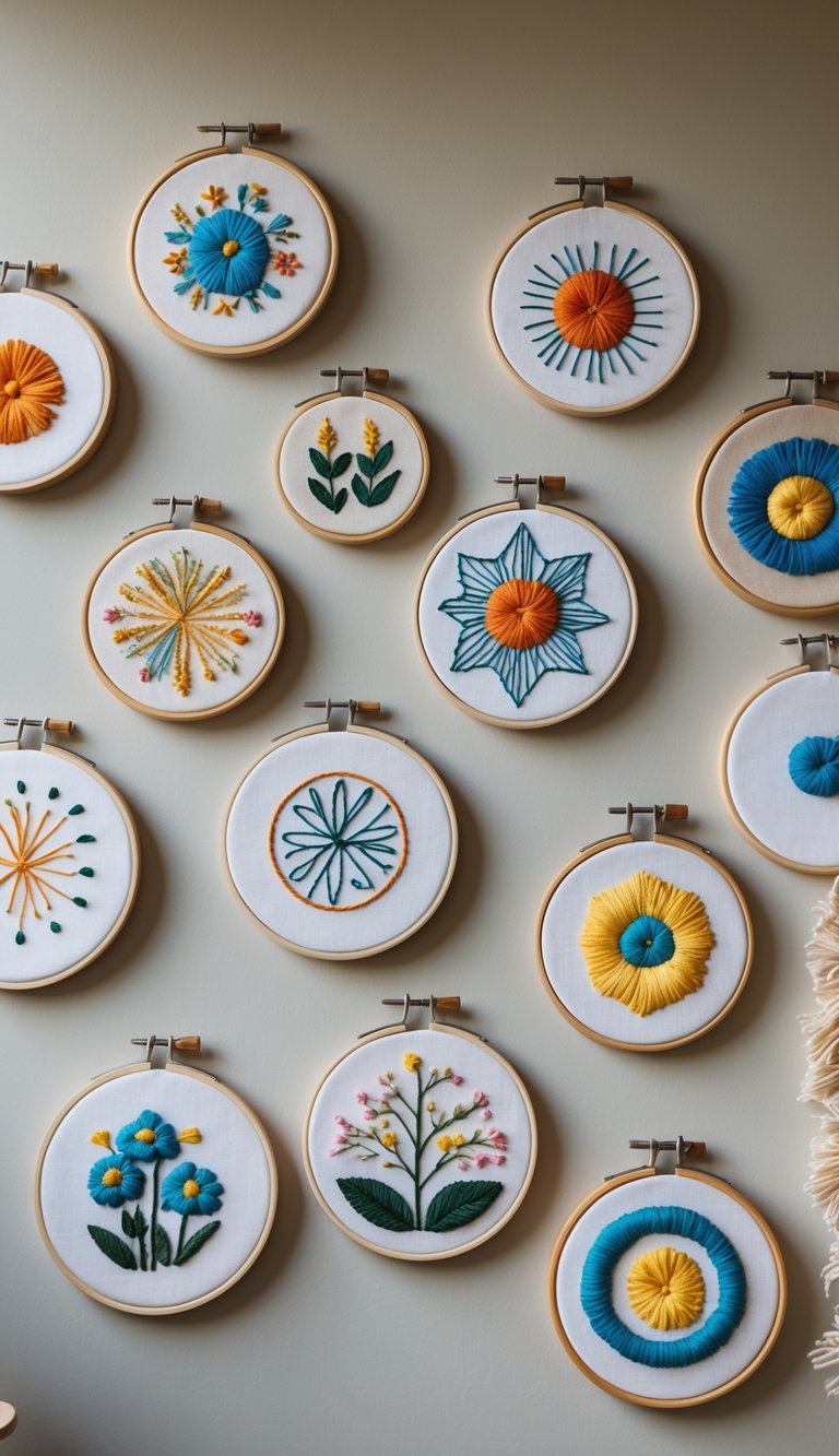 A collection of embroidery hoops with colorful handmade designs hanging on a wall.