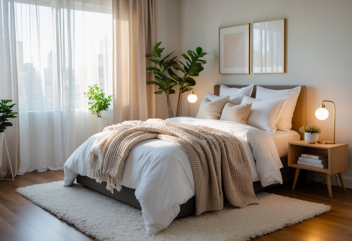 A neatly made bed with pillows and a blanket, a wooden nightstand with a lamp and plant, soft natural light coming through curtains in a tidy bedroom.