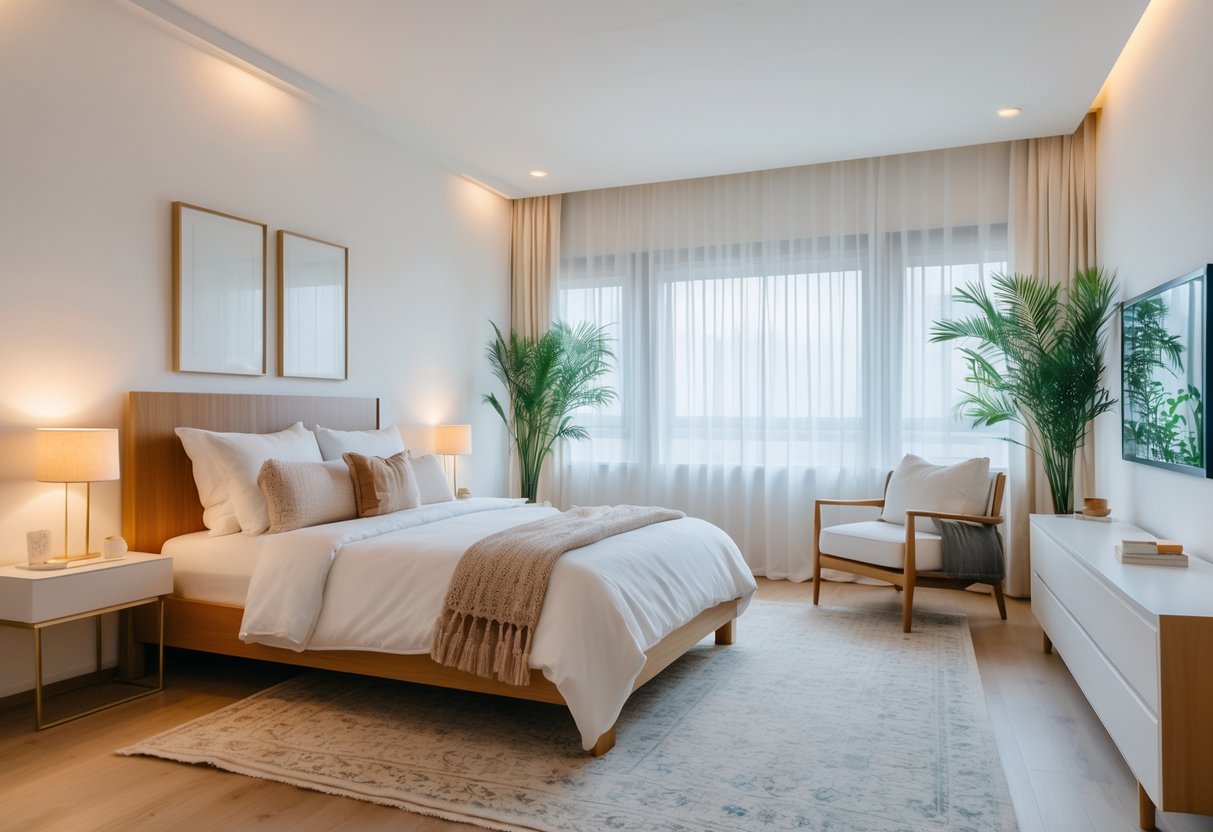 A bright bedroom with a neatly made bed, bedside table with lamp, large windows with sheer curtains, a reading chair, and a small plant.