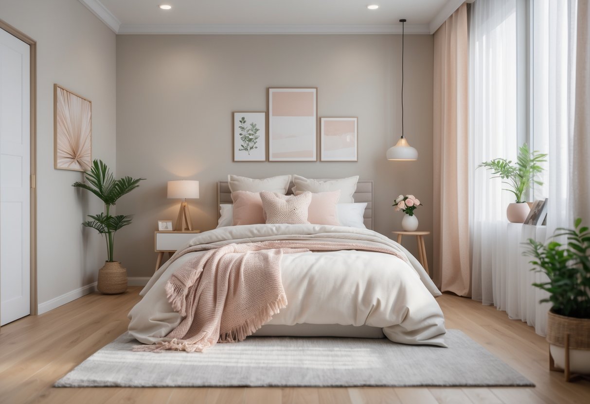 A neatly arranged bedroom with a made bed, nightstand with lamp and flowers, soft natural light from a window, and decorative plants.