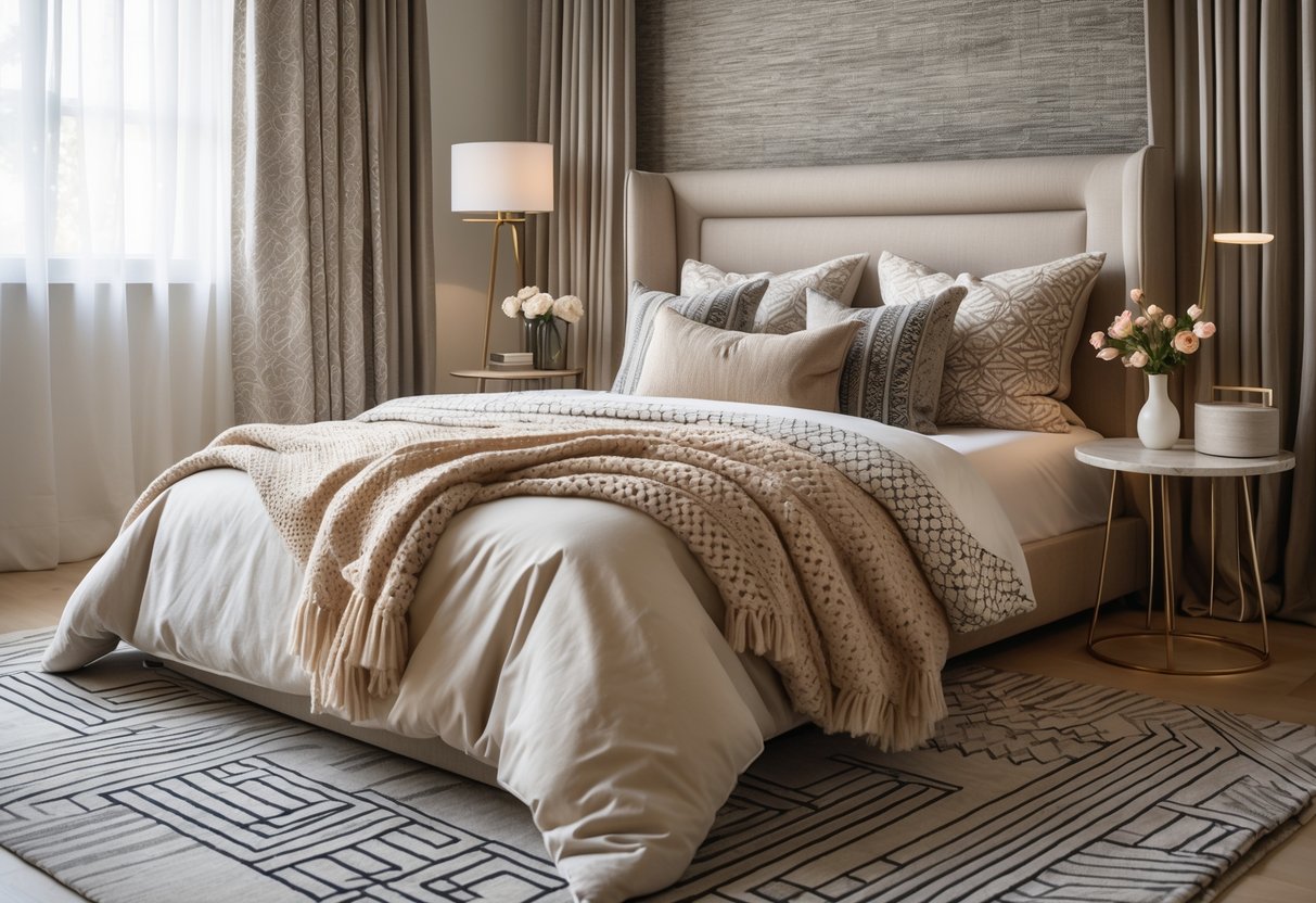 A bedroom with a bed layered with various pillows and blankets, a textured wall, patterned curtains, a geometric rug, and a bedside table with a lamp and flowers.