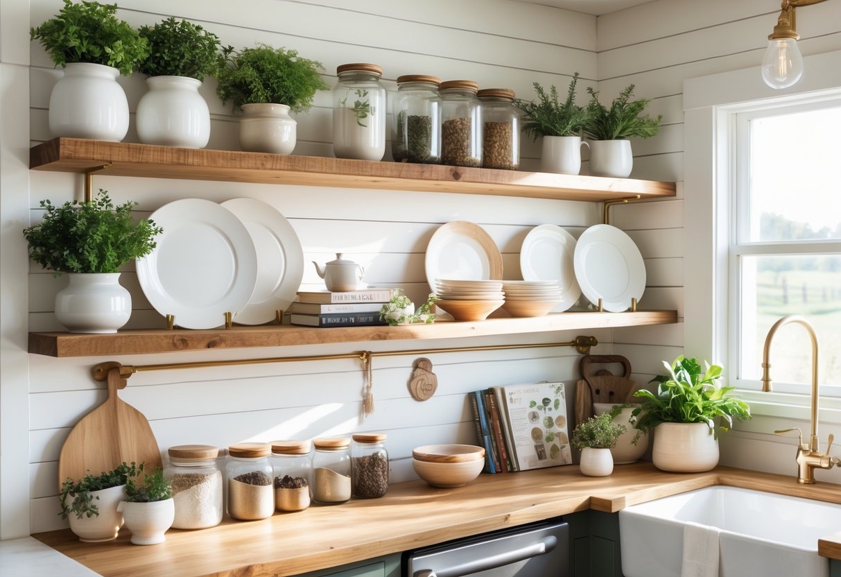 Wooden kitchen shelves with plates, glass jars, plants, and cookbooks in a bright kitchen.