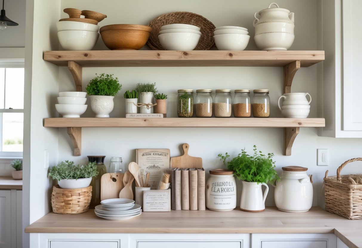 A wooden kitchen shelf displaying bowls, jars, potted herbs, cookbooks, and decorative pottery in a bright kitchen.