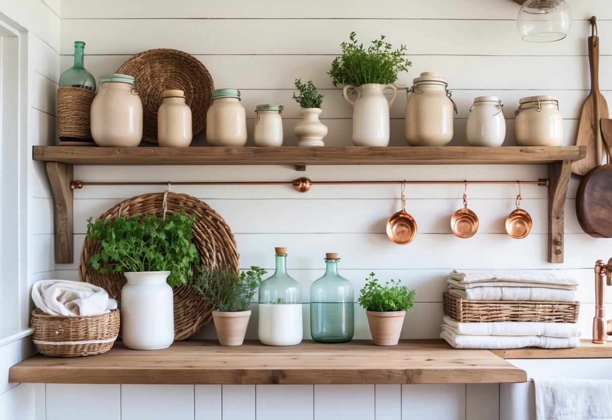 A wooden kitchen shelf displaying jars, bottles, potted herbs, baskets, and folded towels in a bright kitchen setting.
