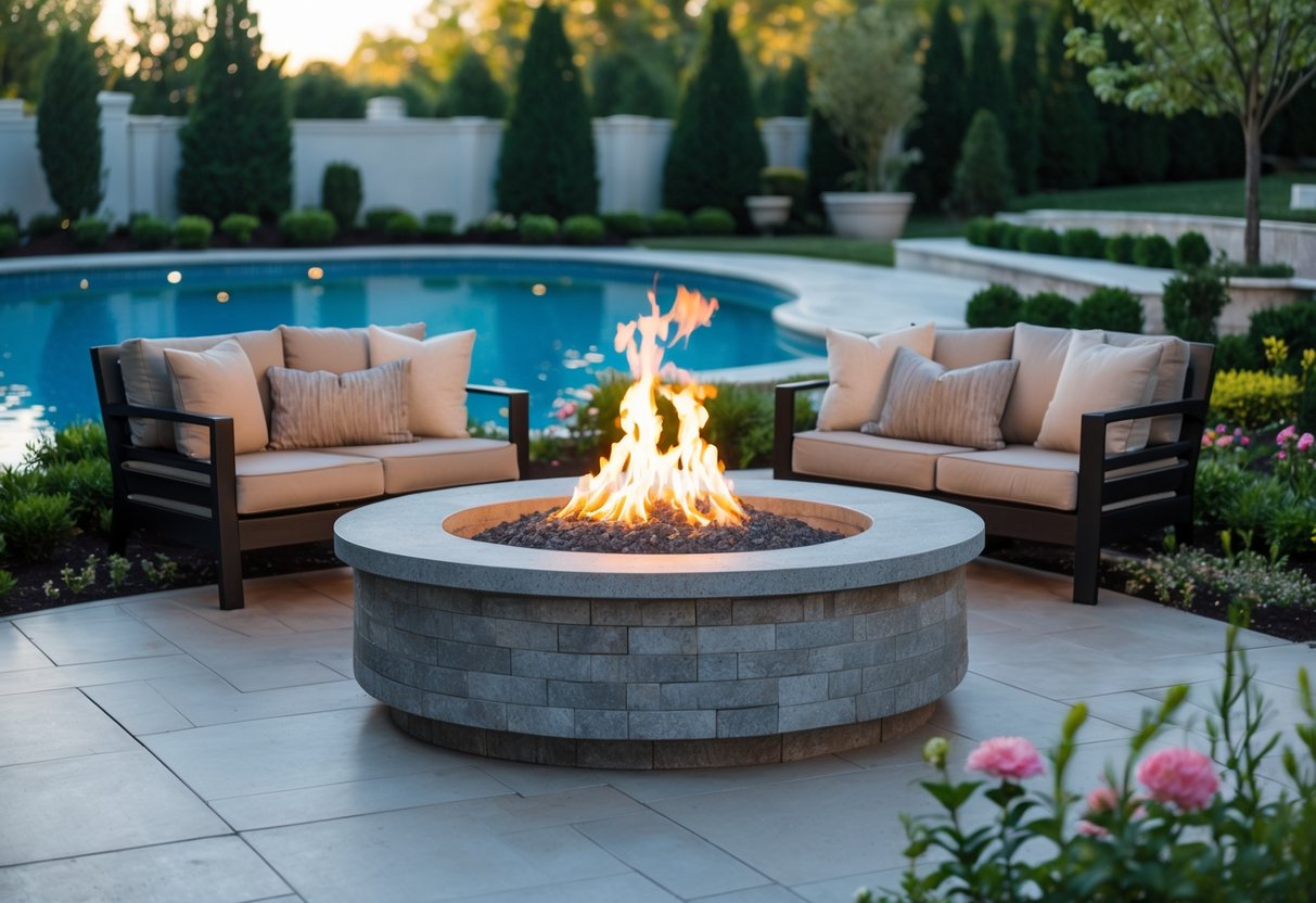A backyard fire pit area with a lit stone fire pit surrounded by outdoor seating next to a clear blue swimming pool and green landscaping.