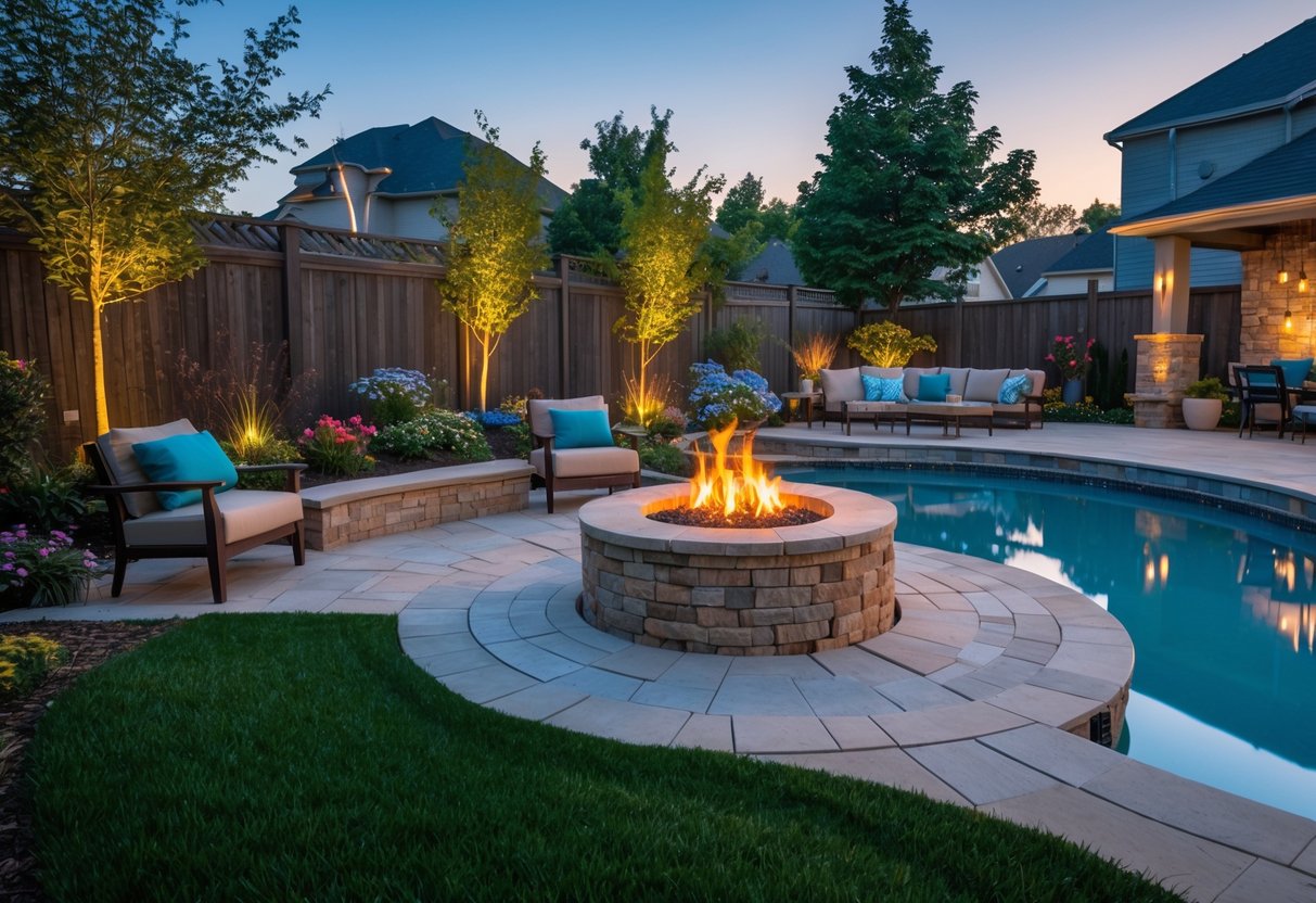Backyard with a stone fire pit surrounded by seating next to a swimming pool during early evening.
