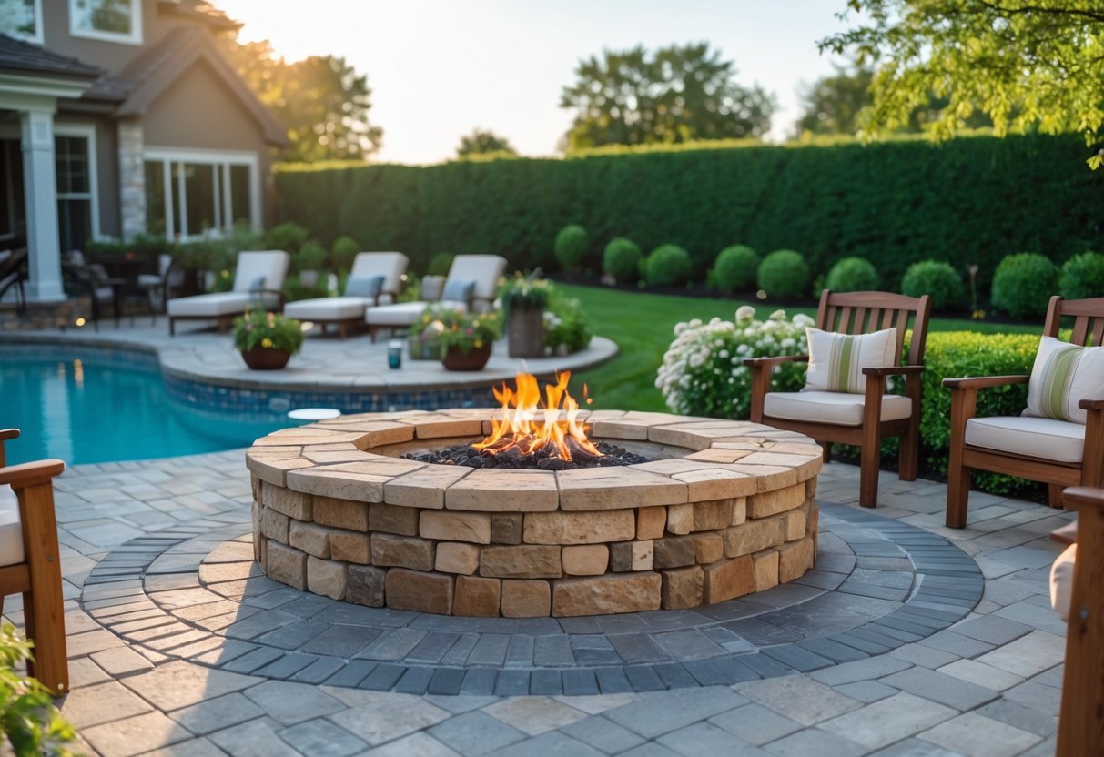 A backyard with a stone fire pit surrounded by outdoor seating next to a clear blue swimming pool and green landscaping.