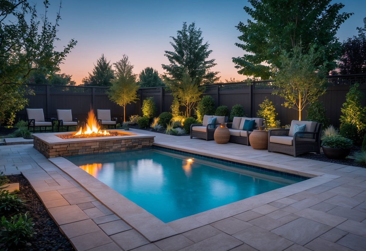 Backyard pool with a stone fire pit area surrounded by outdoor seating and greenery during early evening.