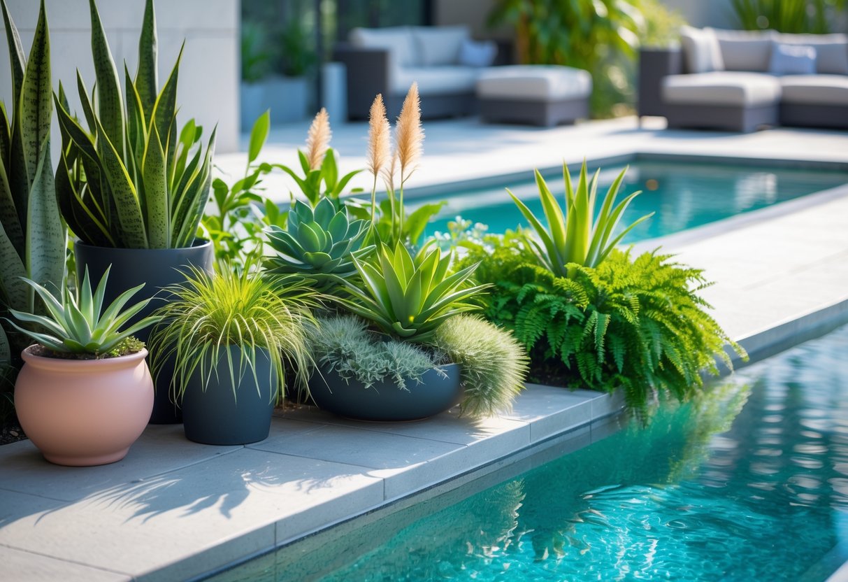 A swimming pool surrounded by various green plants in pots and planters with clear water and stone tiles.