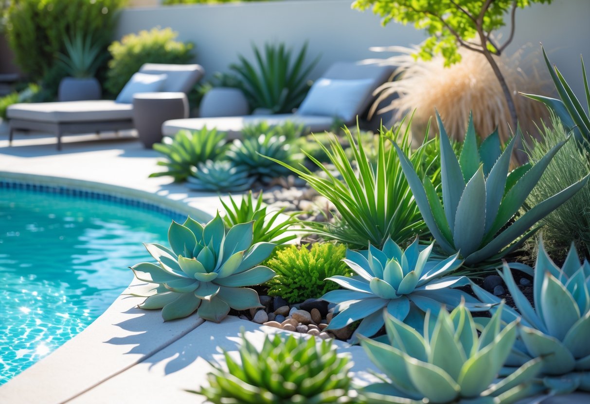 A poolside area with drought-tolerant plants like succulents and grasses surrounding a clear blue swimming pool under sunlight.