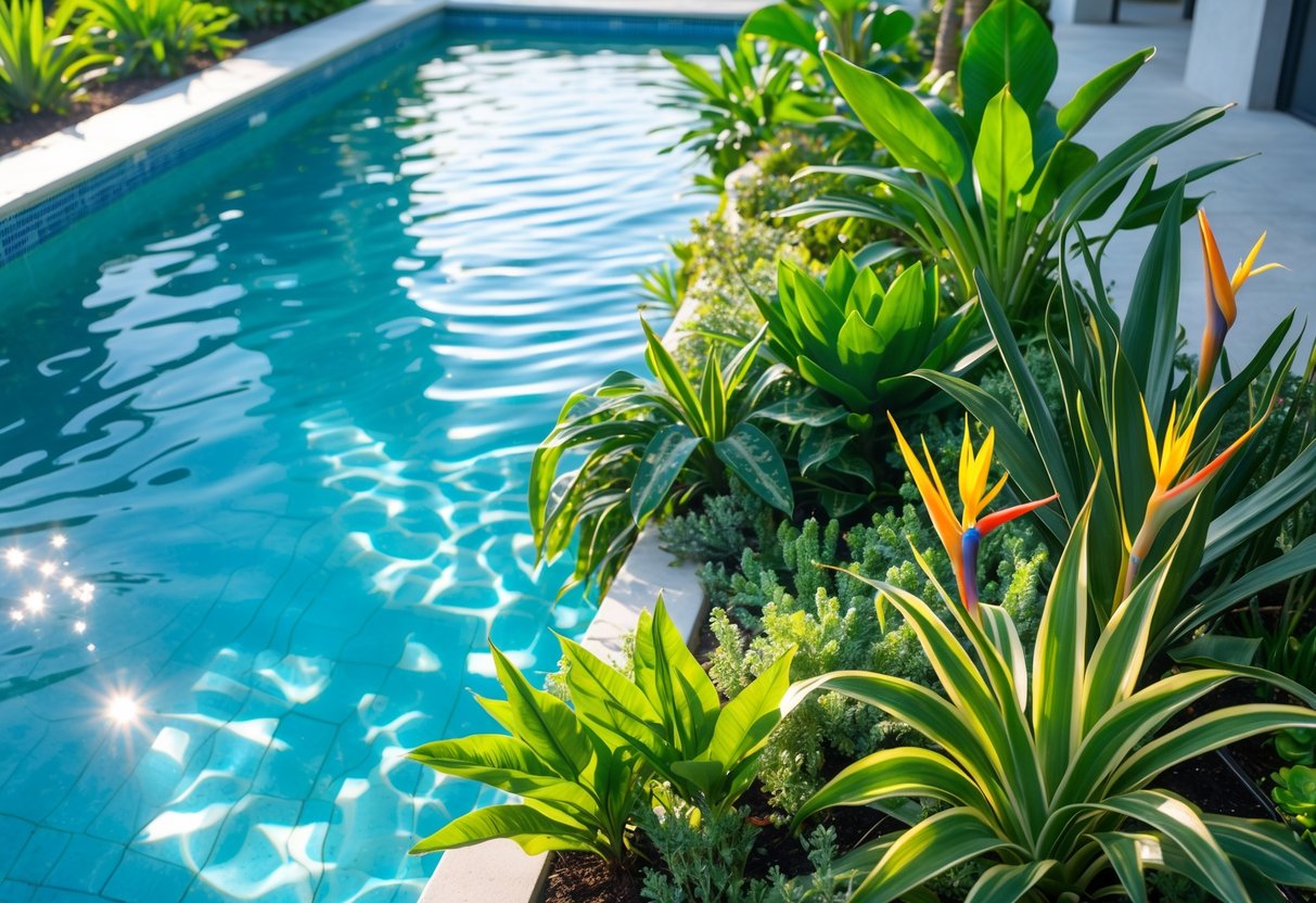 A clear swimming pool surrounded by various green tropical plants with large leaves and succulents, creating a calm and inviting outdoor space.