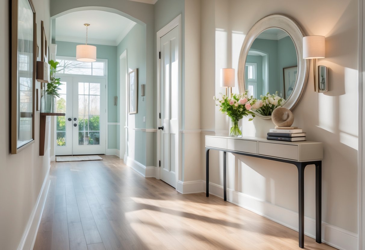 A well-lit hallway with painted walls, wooden floor, framed art, a console table with flowers, and decorative mirrors.