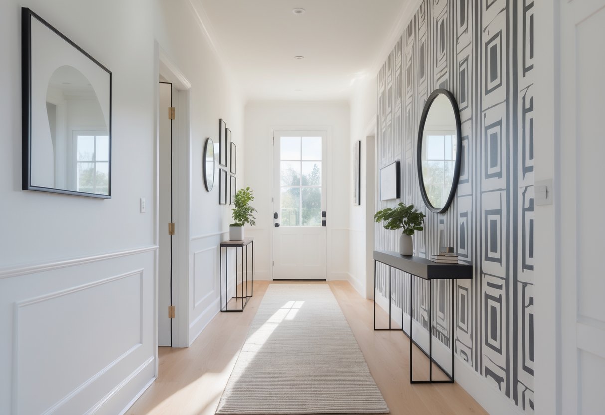 A bright hallway with white walls, a geometric wallpaper accent, a wooden floor with a runner rug, a small console table with a plant, a round mirror, and framed art on the walls.