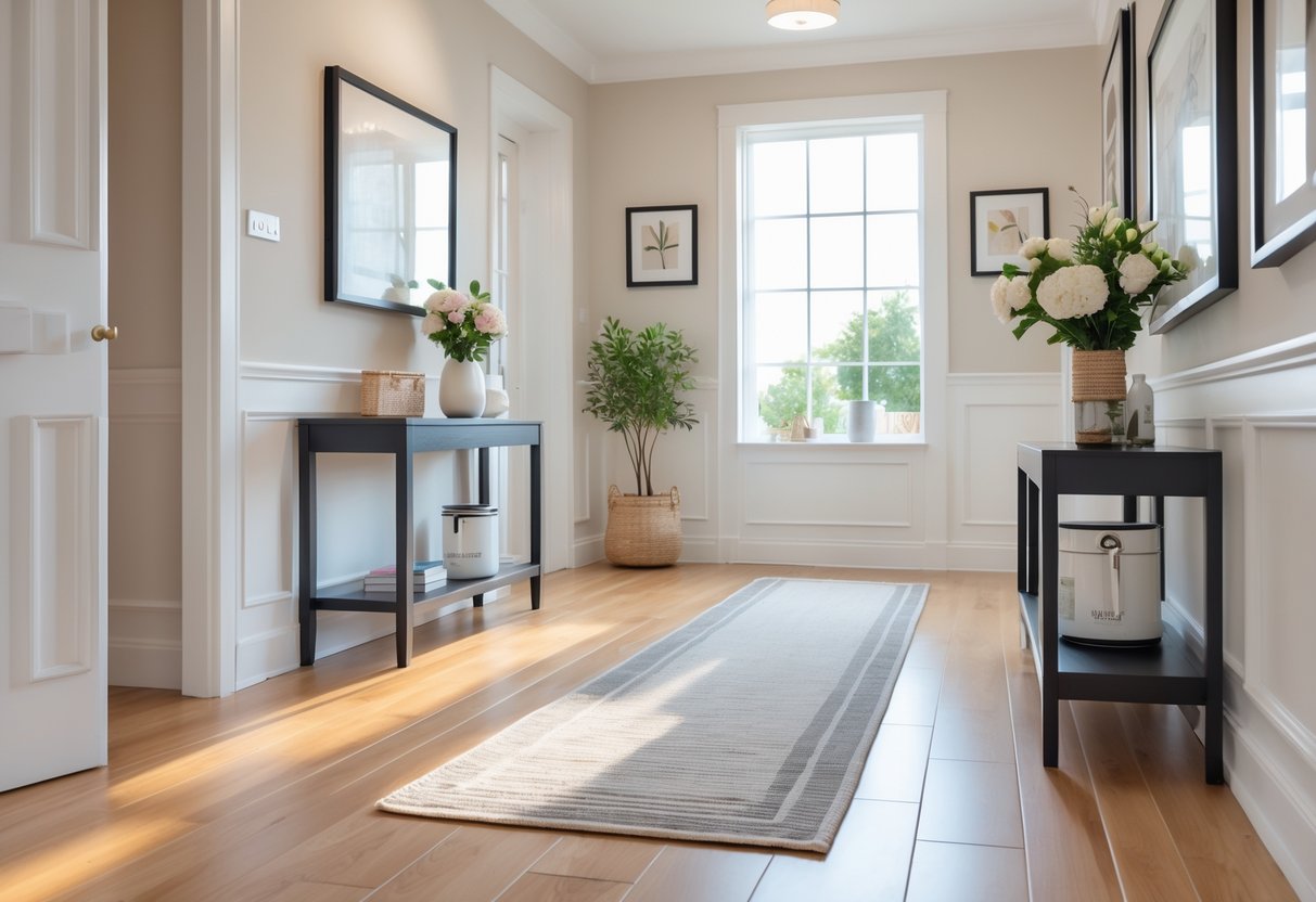 A bright hallway with wooden floors, a console table with flowers, framed artwork on the walls, and natural light coming through a window.