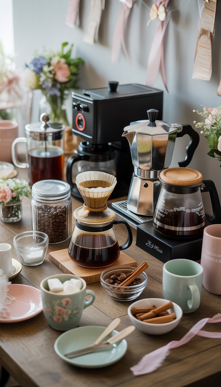 A coffee bar setup with various brewing methods, coffee beans, mugs, and floral decorations arranged on a table for a bridal shower party.