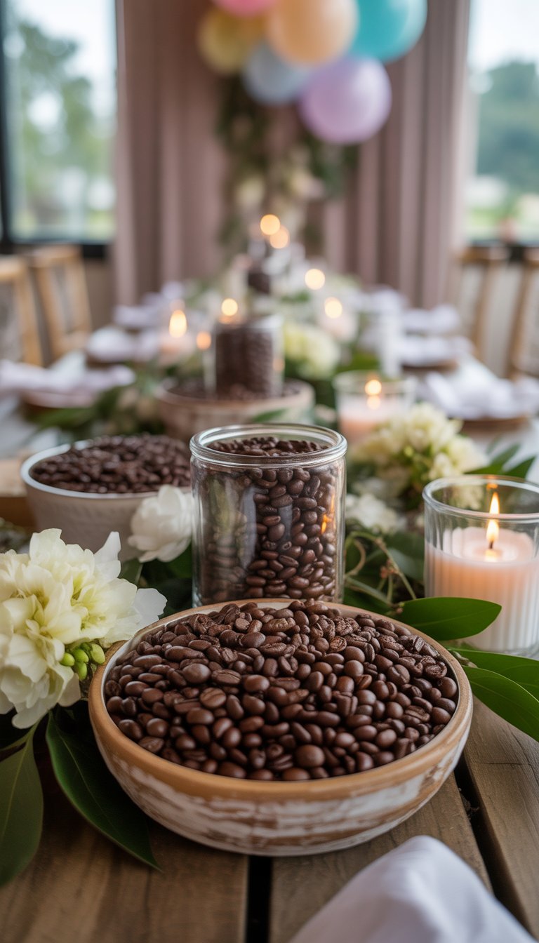 A table decorated with coffee bean centerpieces, flowers, candles, and bridal shower decorations in a warm, inviting setting.