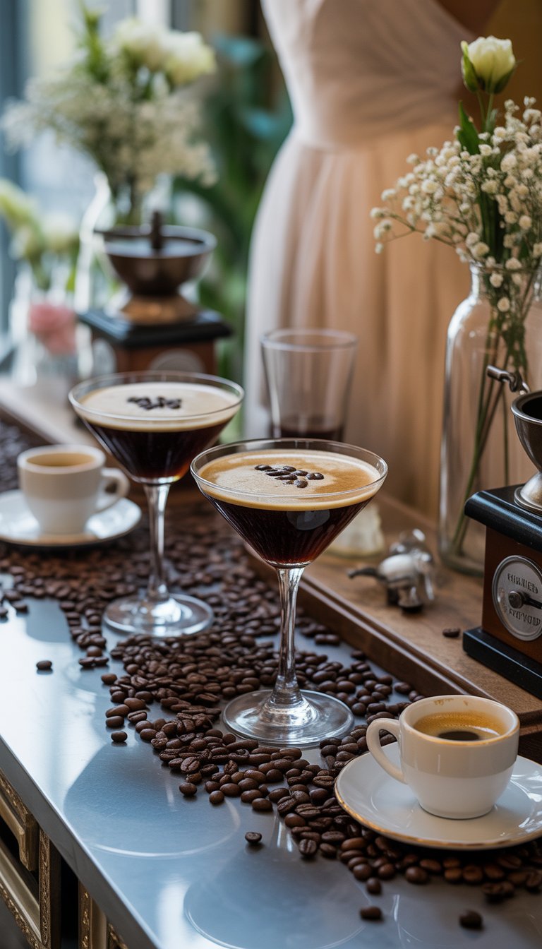 An espresso martini cocktail station decorated with coffee beans, glassware, and flowers at a bridal shower party.