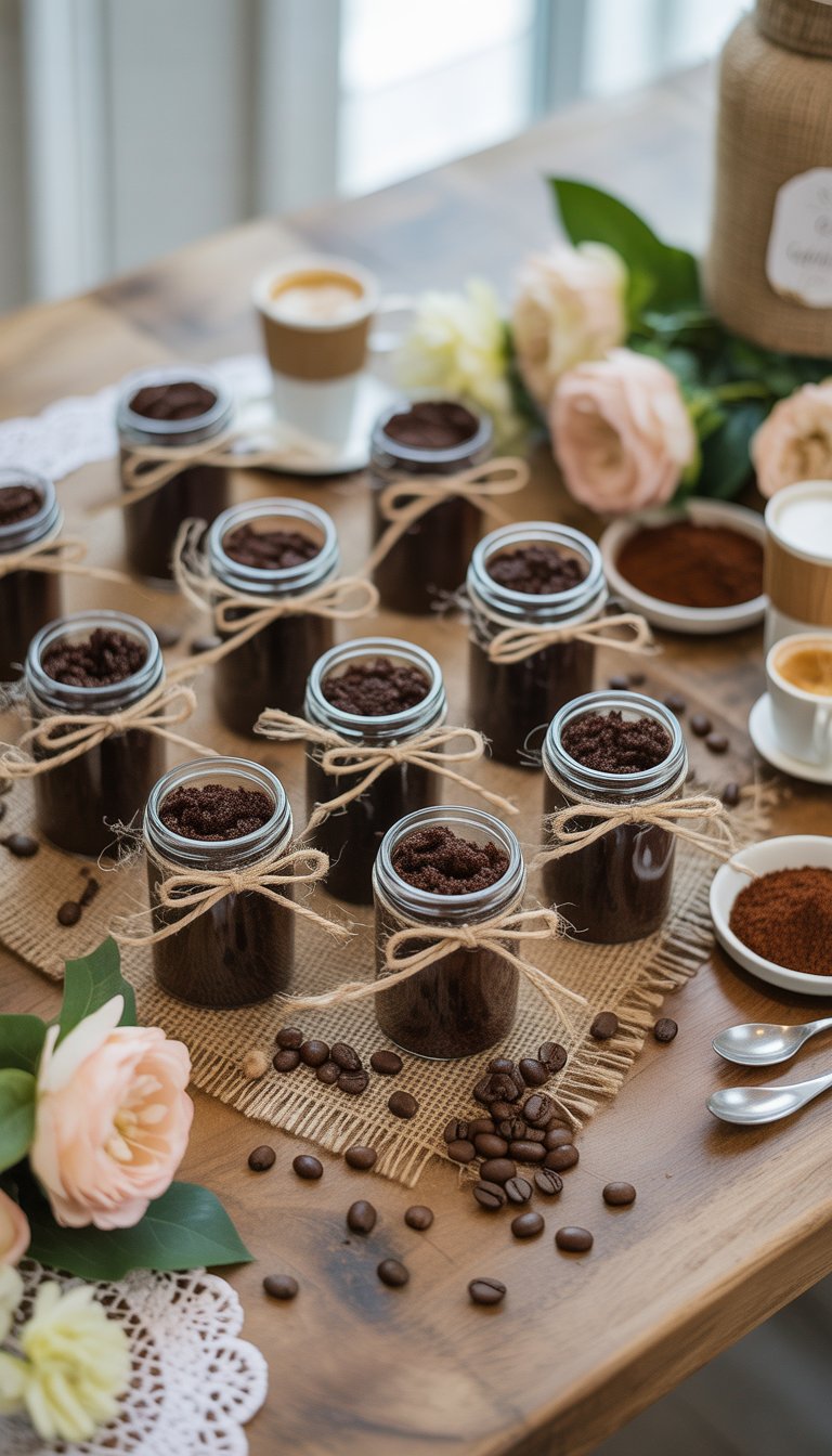 A table with jars of coffee scrub party favors, coffee beans, flowers, and bridal shower decorations arranged together.
