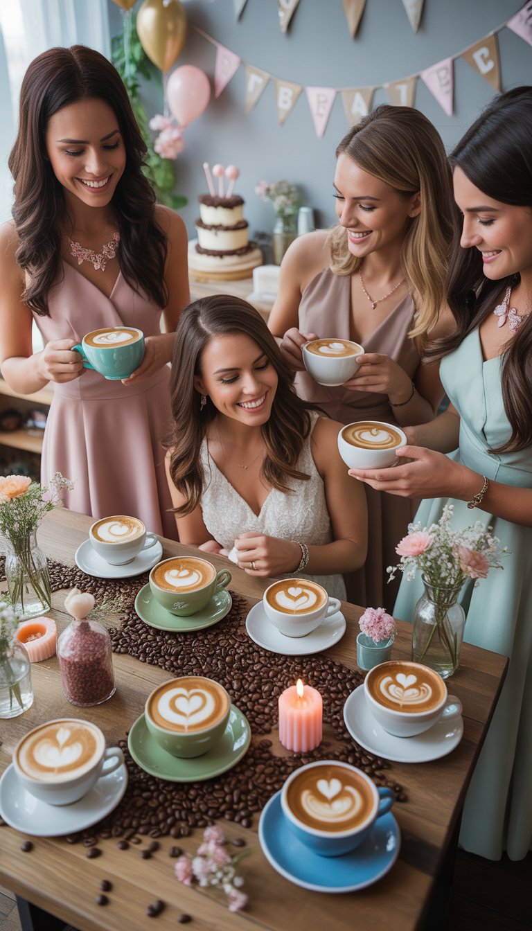 Women gathered around a table enjoying a coffee-themed bridal shower with latte art on their cups and festive decorations.