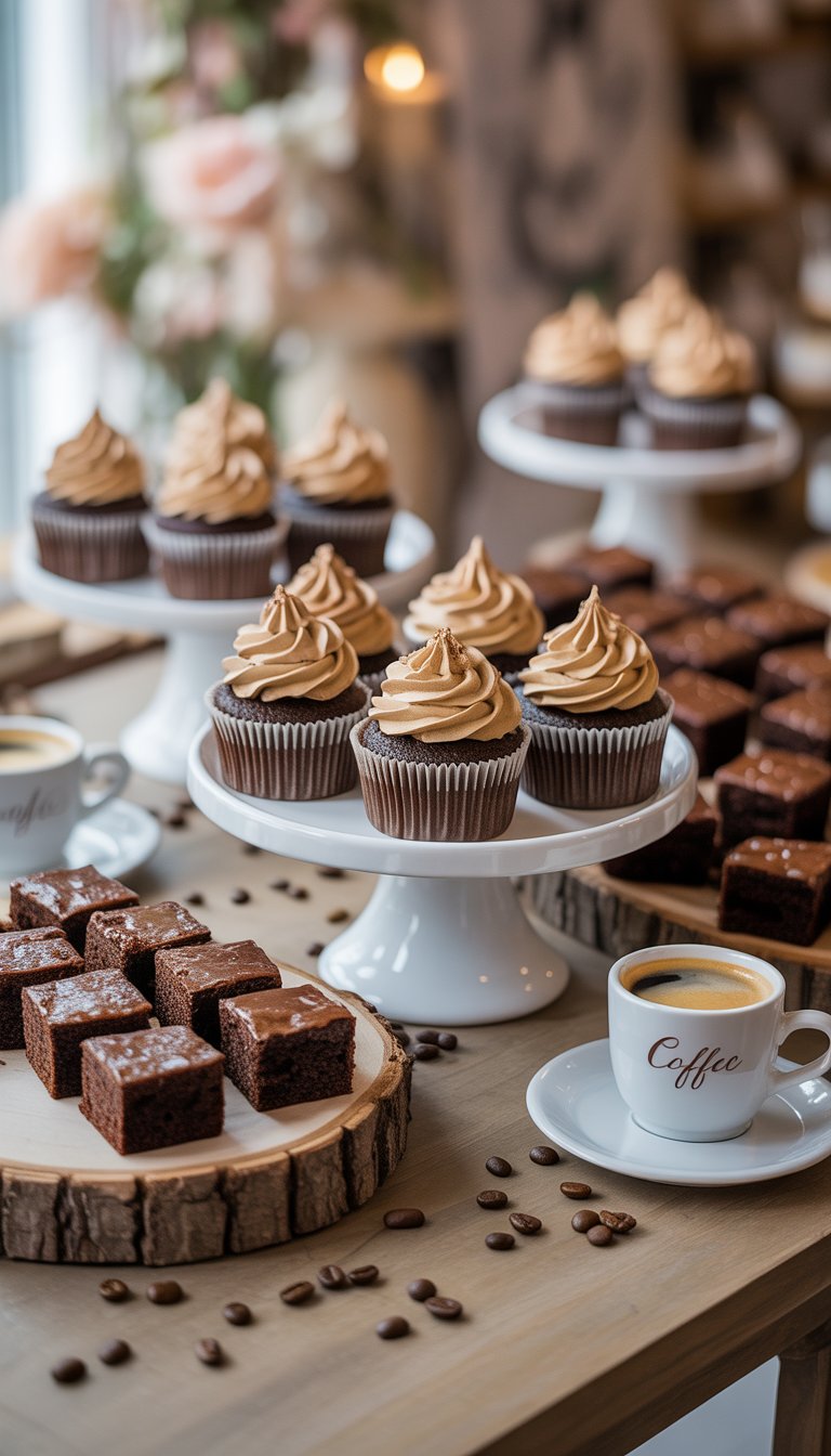 A dessert table with coffee cupcakes, espresso brownies, coffee cups, and scattered coffee beans arranged for a bridal shower.