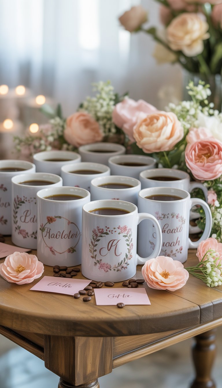 A table displaying personalized coffee mugs decorated with floral and monogram designs, surrounded by bridal shower decorations and coffee beans.