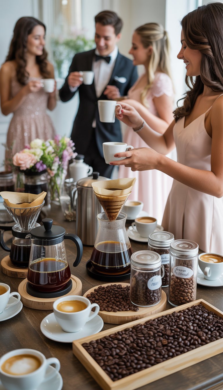 Guests at a bridal shower enjoying coffee tasting stations with various coffee beans and brewing equipment on a decorated table.