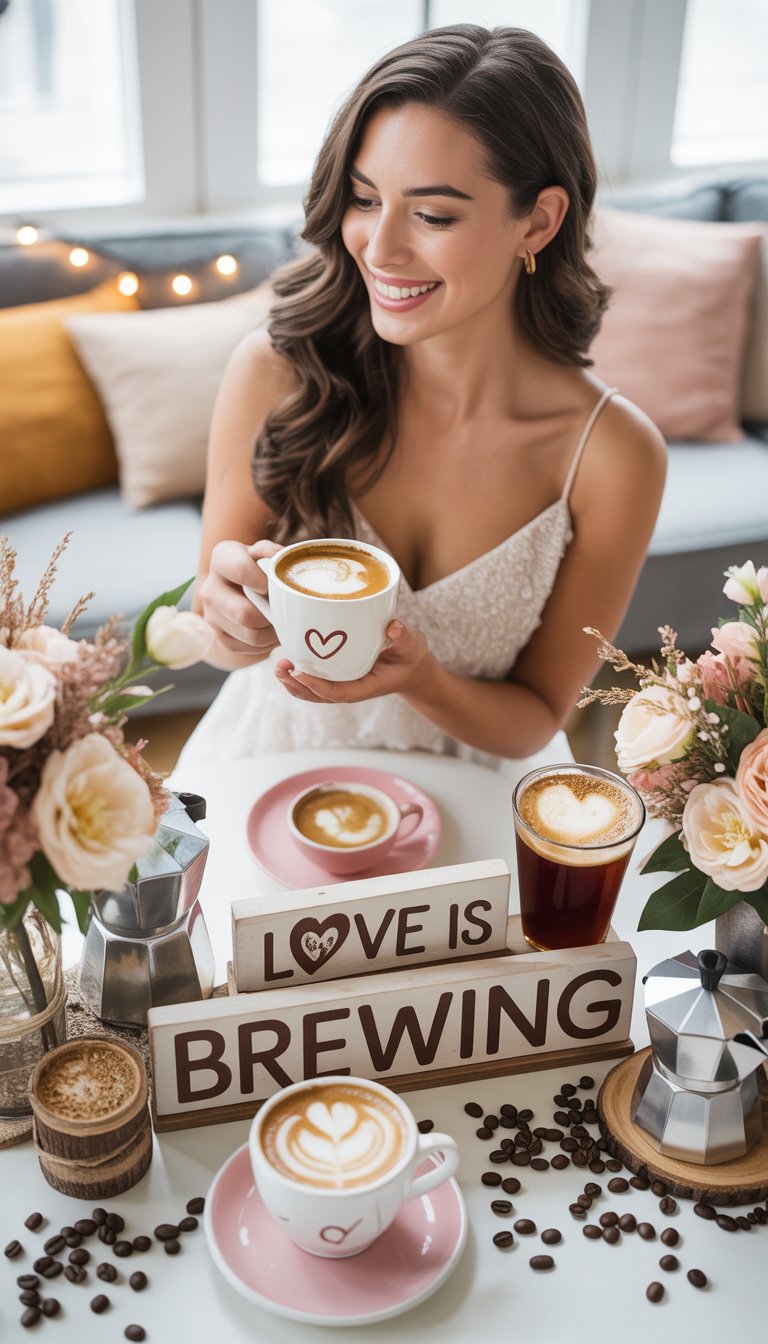 A bridal shower table decorated with coffee cups, coffee beans, flowers, and coffee-themed decorations in a warm and cozy setting.