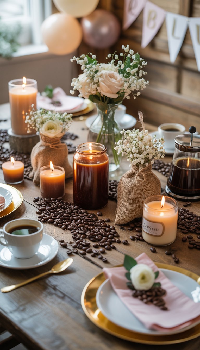 A bridal shower table decorated with coffee-scented candles, coffee beans, flowers, and coffee cups, creating a warm and inviting atmosphere.