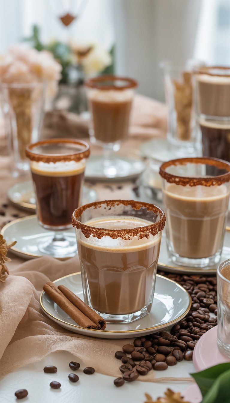 A table set for a bridal shower with glasses rimmed in mocha and cinnamon sugar, surrounded by coffee beans, cinnamon sticks, flowers, and soft linens.