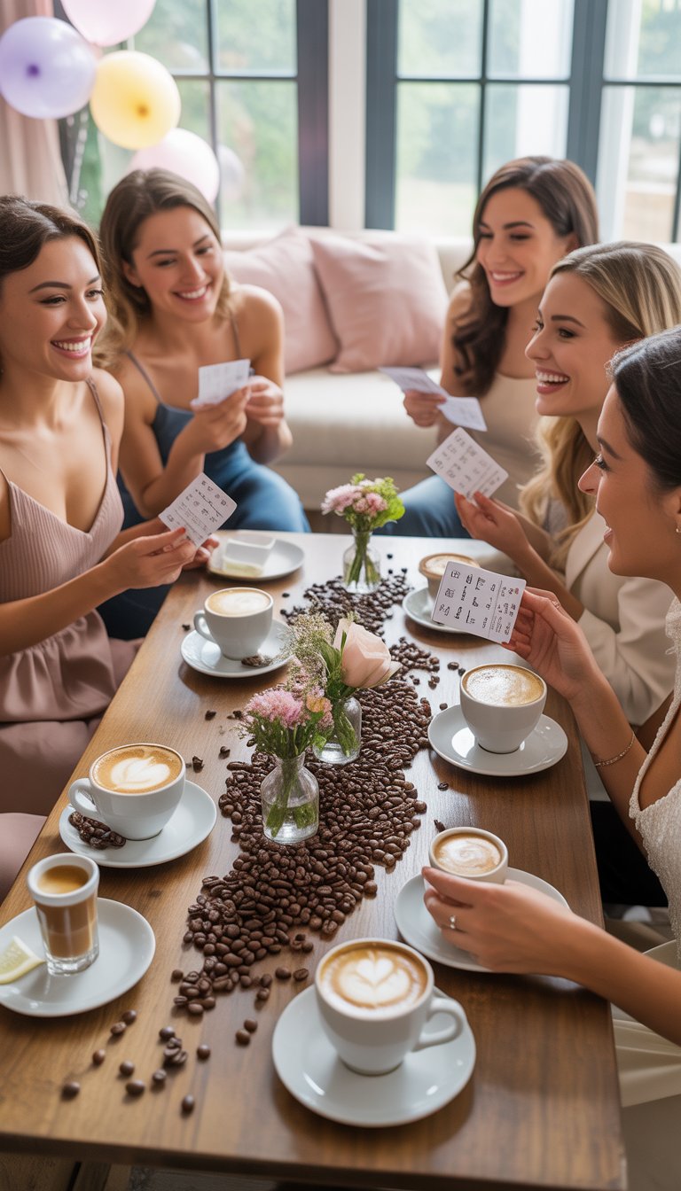 A group of women enjoying a coffee-themed bridal shower game around a decorated table with coffee cups and flowers.