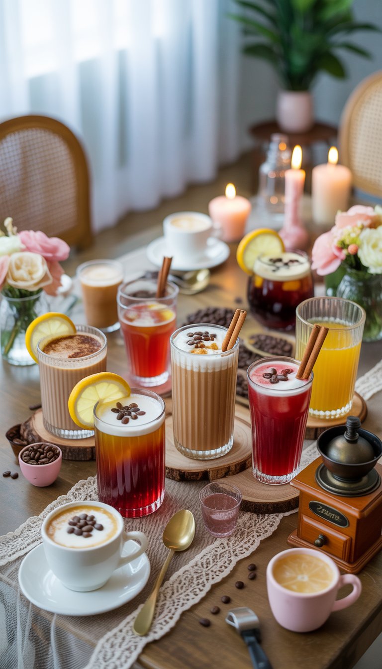 A table set for a bridal shower with various coffee-inspired mocktails garnished with coffee beans and cinnamon sticks, surrounded by flowers and bridal decorations in a bright, cozy room.