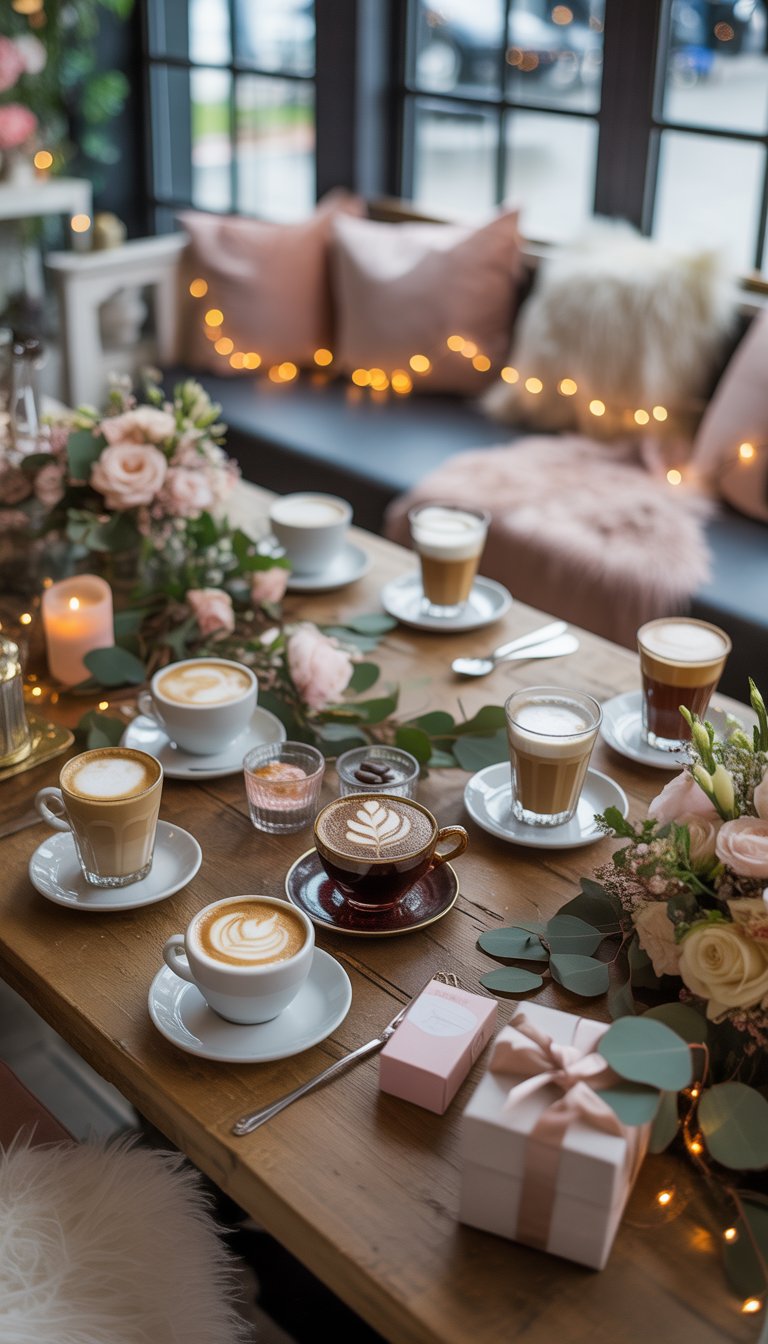 A cozy coffeehouse table set for a bridal shower with coffee drinks, floral decorations, candles, and soft lighting.