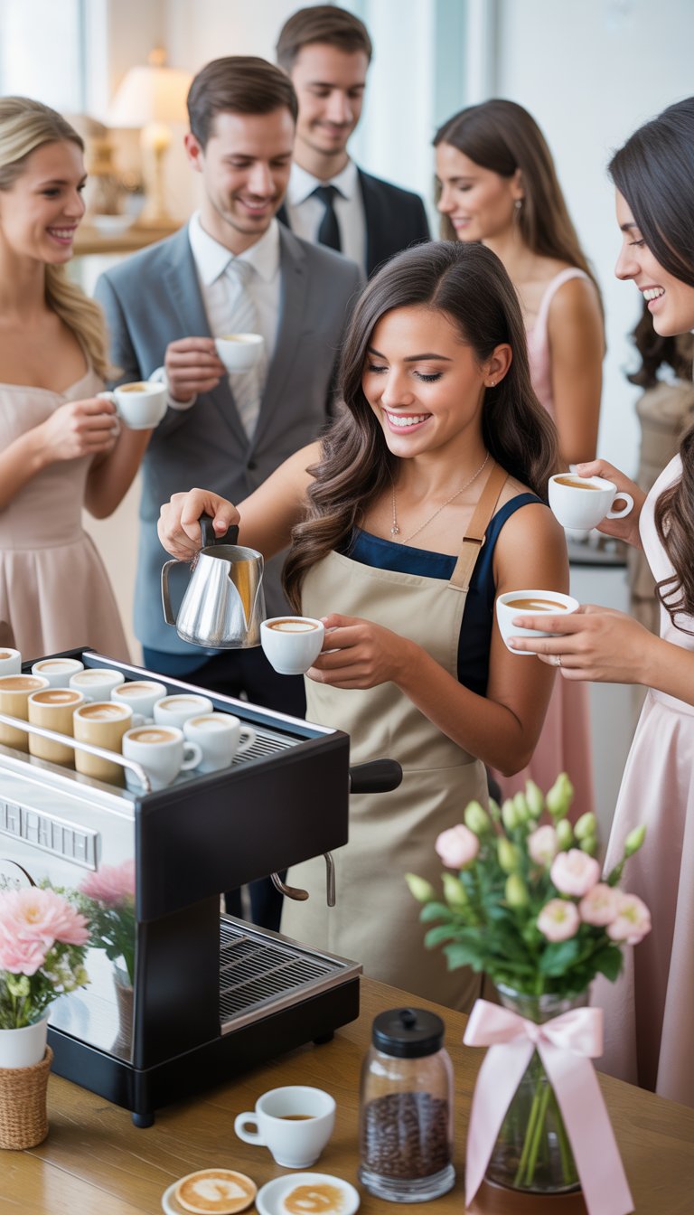 A barista preparing coffee drinks at a bridal shower party decorated with flowers and coffee-themed items, with guests enjoying the event.