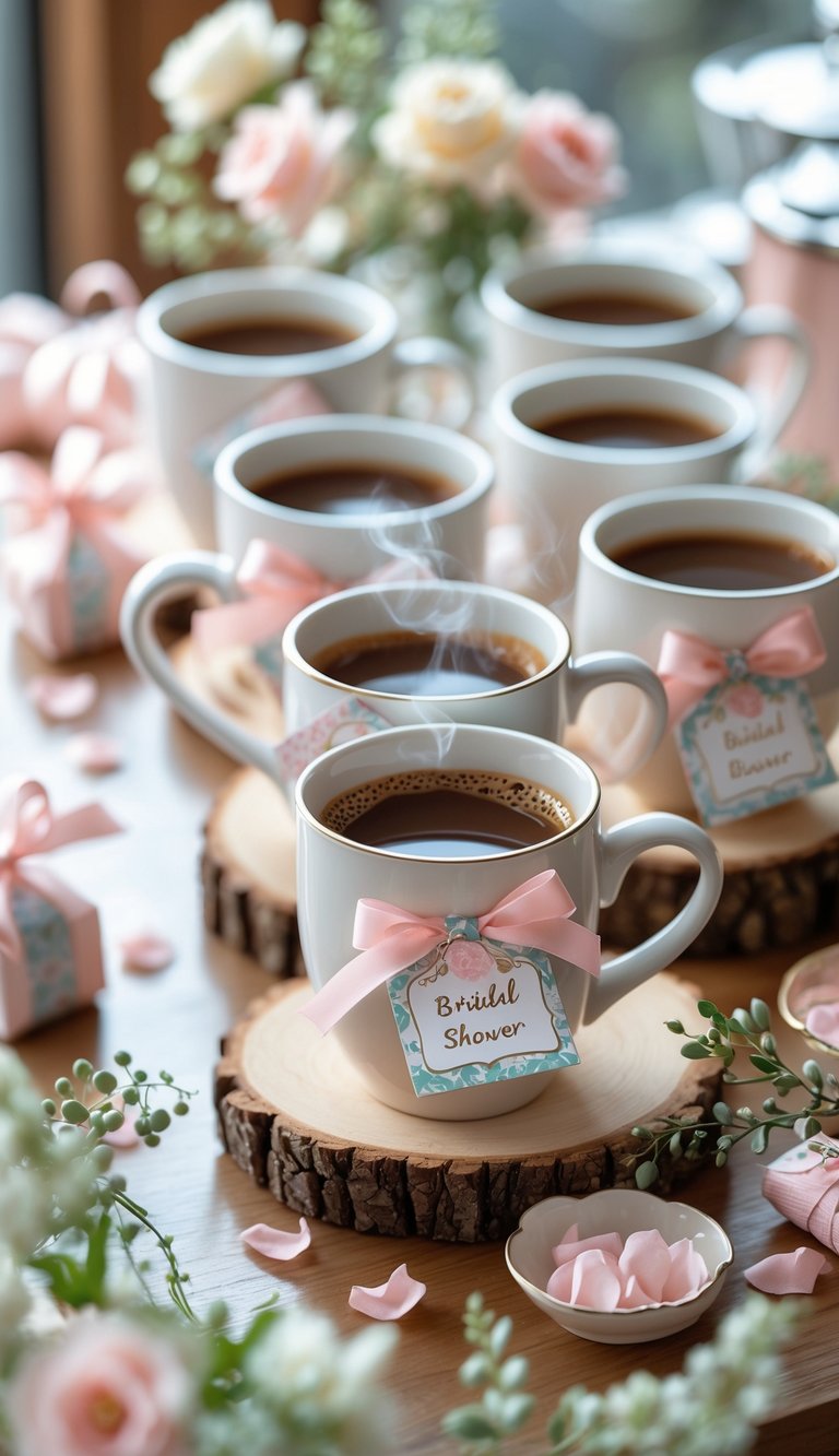 A collection of coffee mugs with decorative tags arranged on a wooden table surrounded by flowers and bridal shower decorations.