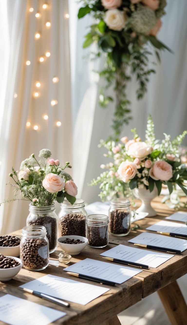 A bridal shower table with coffee beans in jars, blank cards, pens, and floral decorations arranged for guests to write messages.