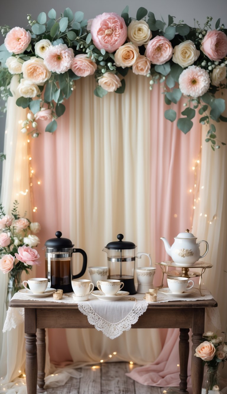 A bridal shower photo booth setup with a floral backdrop, rustic coffee and tea accessories, and romantic decorations.
