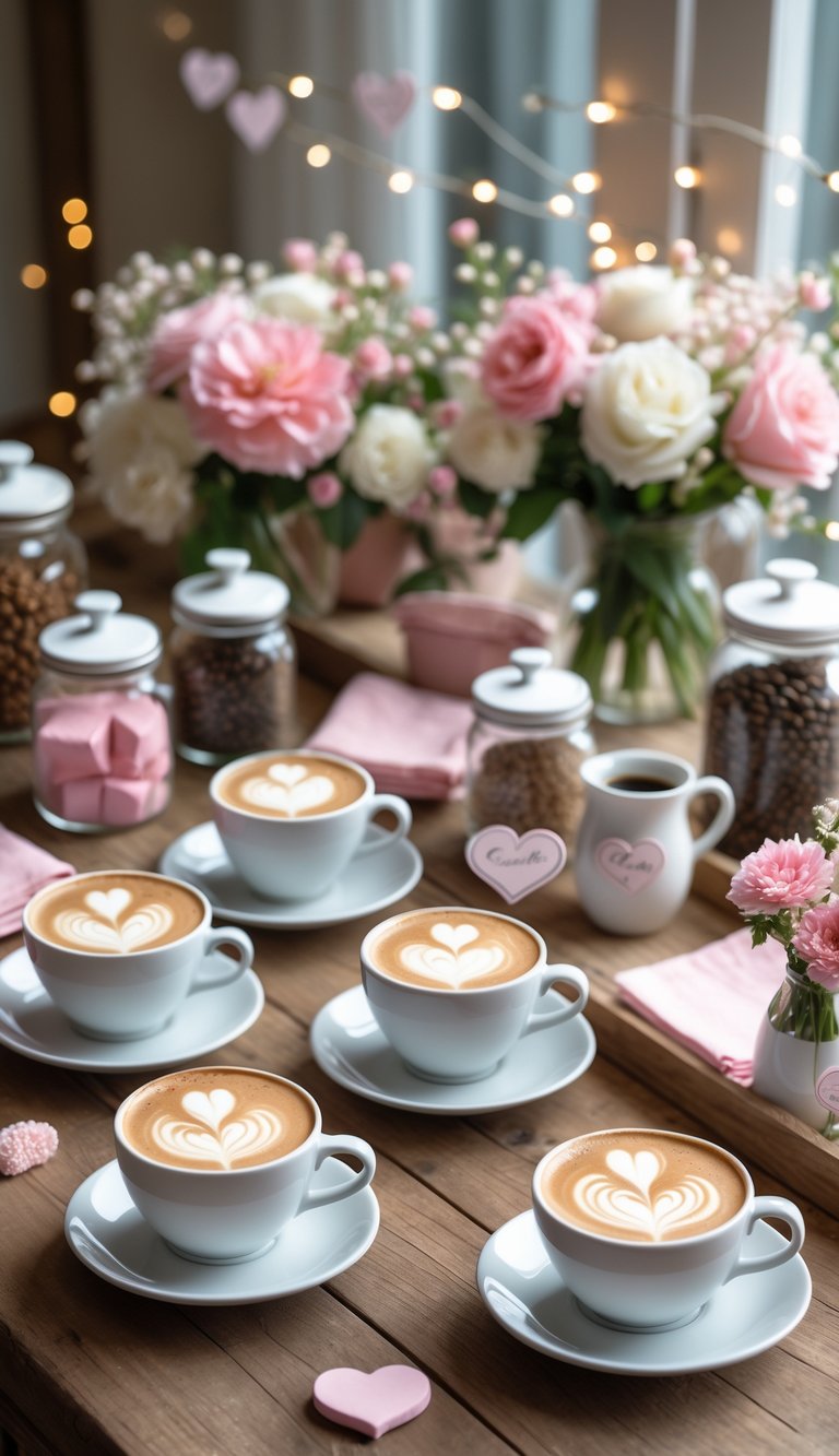 A coffee bar setup with cups of latte art featuring heart shapes, flowers, and decorative items arranged for a bridal shower.